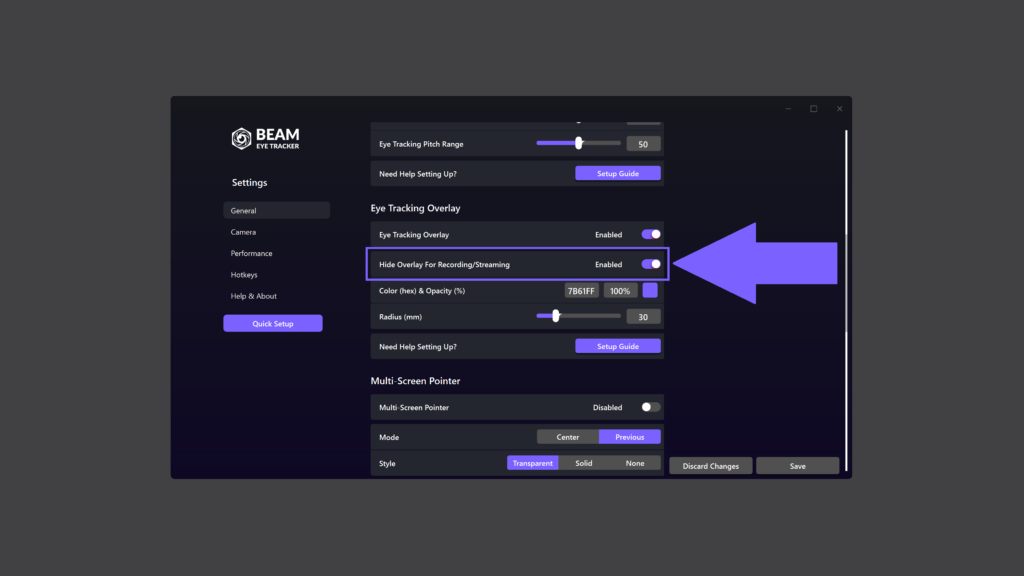 Beam Eye Tracker: hide the Eye Tracking Overlay in OBS