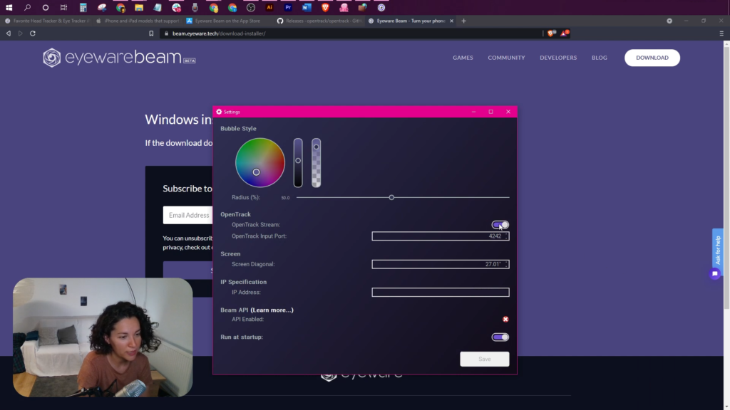 Beam settings: OpenTrack stream toggle on