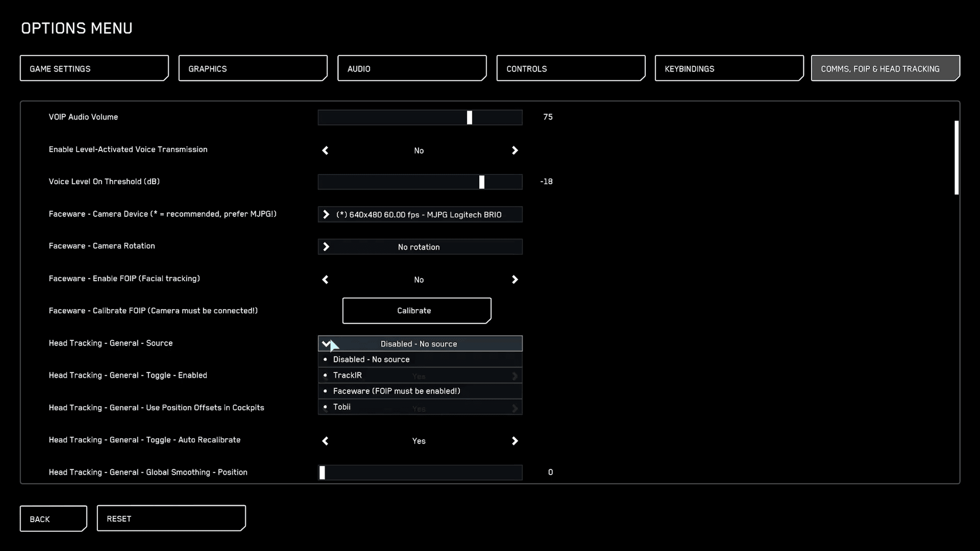 Star Citizen Eye and Head Tracker Options