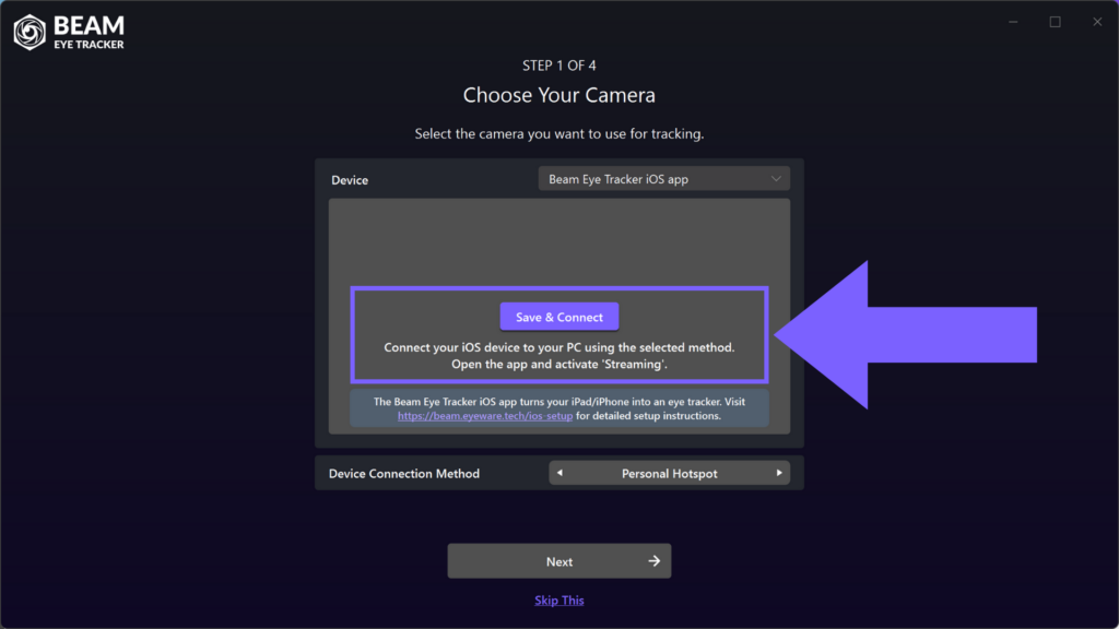 Beam Eye Tracker - Select Beam Eye Tracker iOS app camera input - Start Streaming, Save, Connect