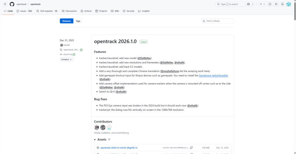 OpenTrack download page on GitHub