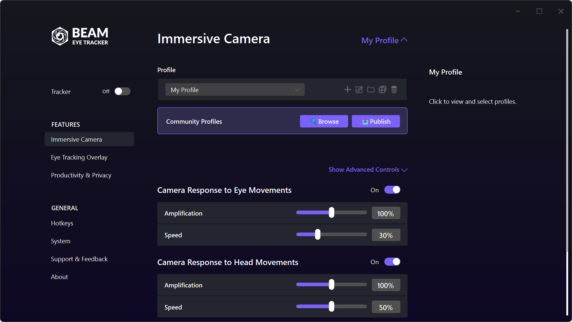 Show Advanced Controls at the top right of the Immersive Camera